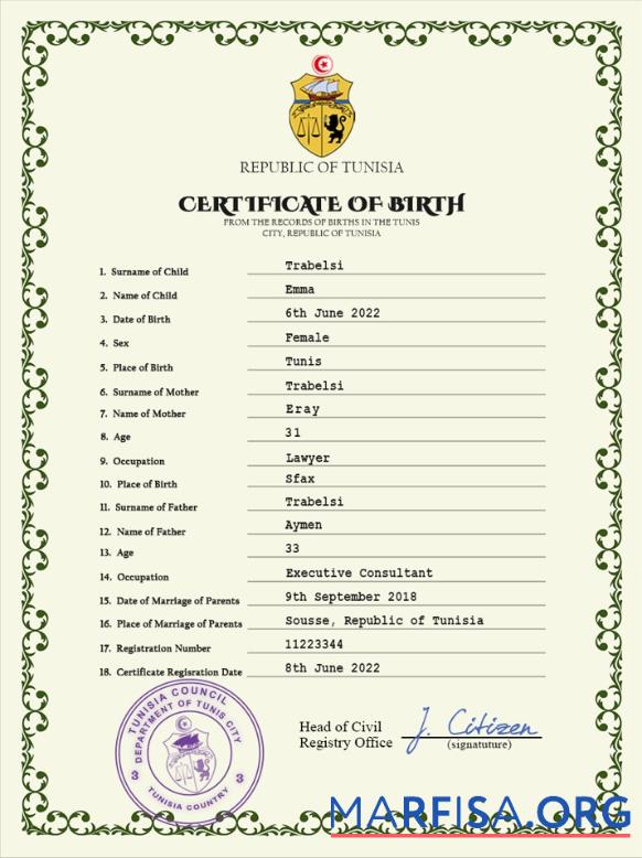 Printable Tunisia vital record birth certificate PSD template